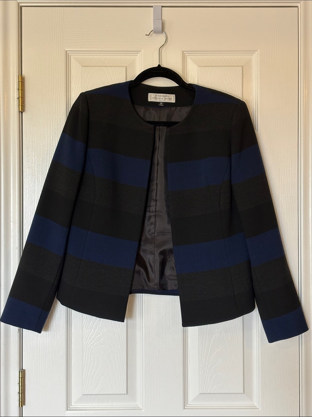 Tahari Black and Navy Striped Collarless Blazer